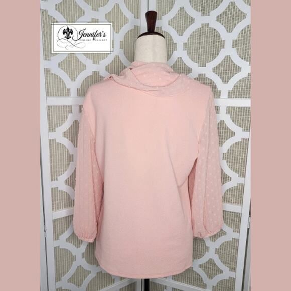 Elle Women's Pink Sheer Swiss Dot Long Sleeve Blouse with Scarf Size L - Picture 3 of 15